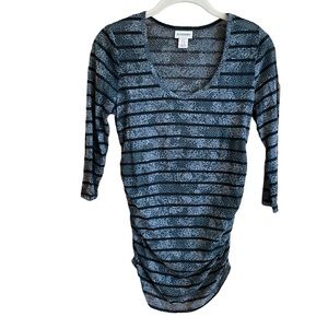 Maternity top, 3/4 sleeve, sheer black stripe/navy print, sz S.